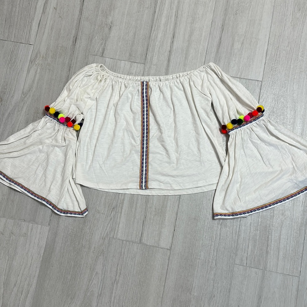 Pit USA white off the shoulder top with poms poms